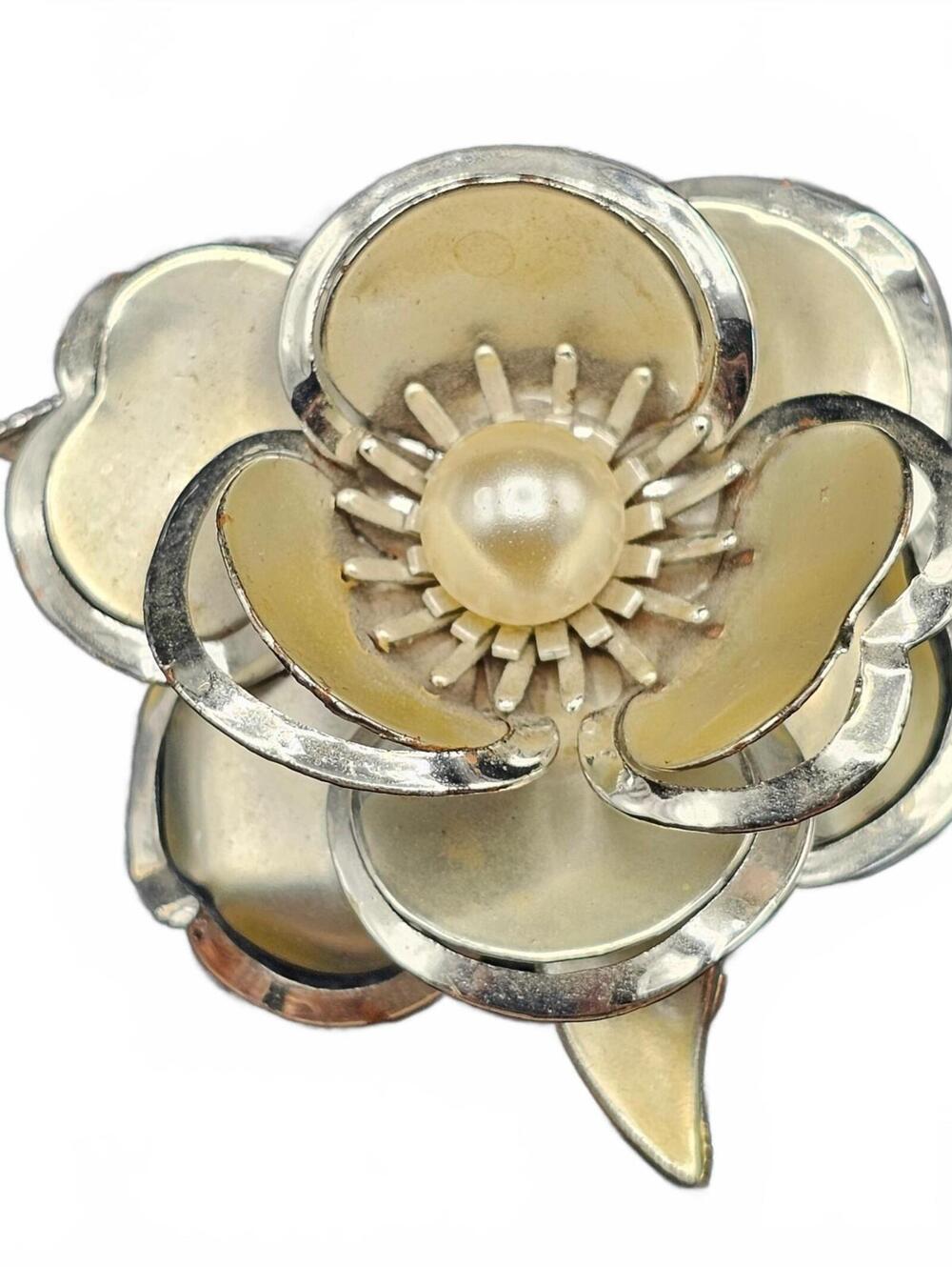Silver Tone Flower Brooch with Pearl Center